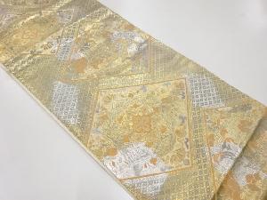 リサイクル　服部織物製　こはく錦二重箔織菱に唐獅子・草花模様織出し袋帯